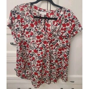 Liz Claiborne Women's Top XL Red Blk White Floral V-Neck Short Sleeve Pocket